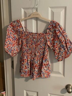 Love Notes Floral Smocked Puff-Sleeve Top - White/Coral/Purple/Blue